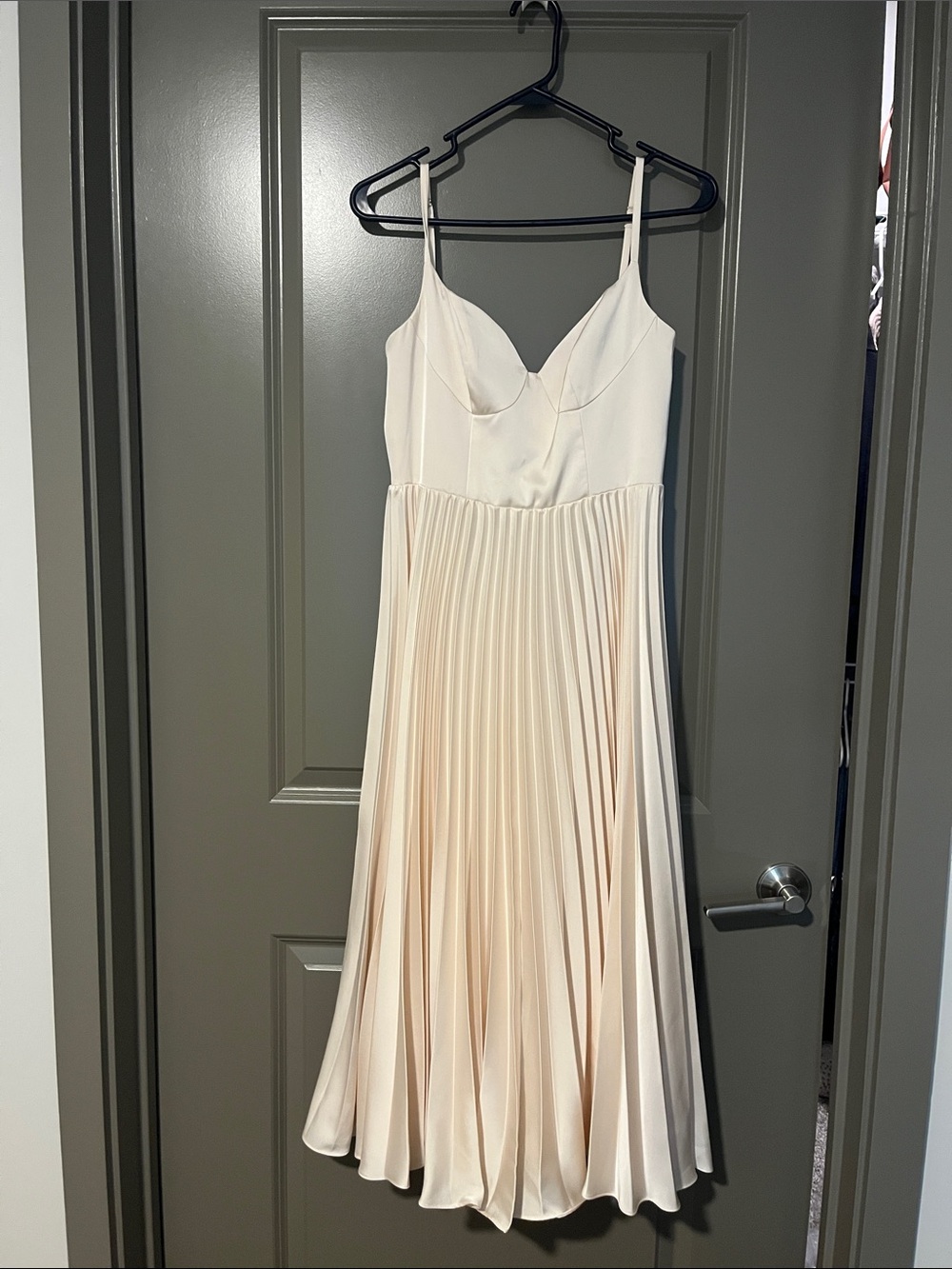 Azazie Cream Pleated Midi Dress with Slim Straps
